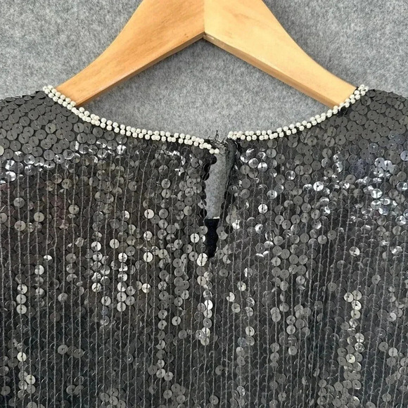 Vintage Sarin Sequin Top Womens S / M Beaded Black Silver Floral Silk 80s Blouse - Picture 10 of 15